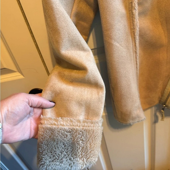 Monoreno Faux Fur Suede Women’s Tan Jacket Fleece Lined Zipper Sz L - Picture 3 of 11